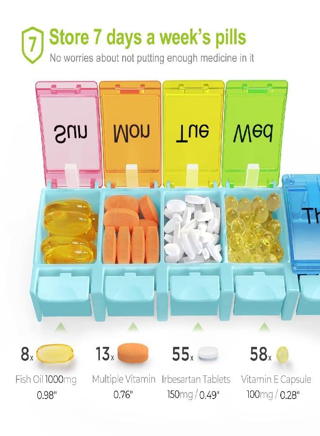 AUV0N AUVON Weekly Pill Organizer Arthritis Friendly, BPA Free Travel 7 Day Pill Box Case with Spring Open Design and Large Compartment to Hold Vitamins, Cod Liver Oil, Supplements and Medication - Image 3